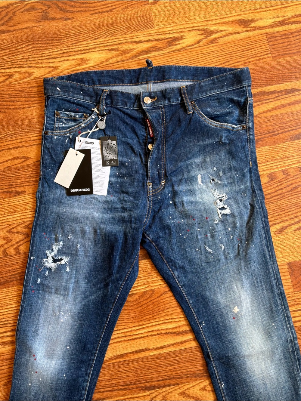 DSQUARED2 Slim Straight Men’s Jeans — Dark Blue with Paint Splatter